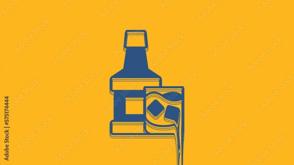 Blue Whiskey bottle and glass icon isolated on orange background. 4K Video motion graphic animation Blue Whiskey bottle and glass icon isolated on orange background. 4K Video motion graphic animation
