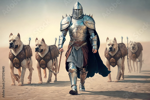 A person dressed in a suit of armor, walking a pack of dogs, illustration - Generative AI