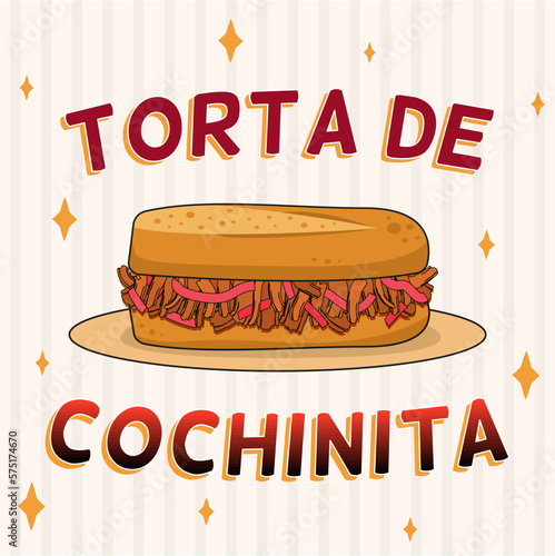 Rótulo de puesto de torta de cochinita pibil . Comida para llevar típica de Yucatán.