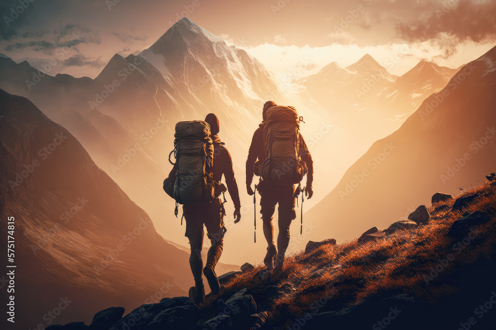Two friends hiking in the mountains, reaching the summit with a sense of accomplishment, generative ai