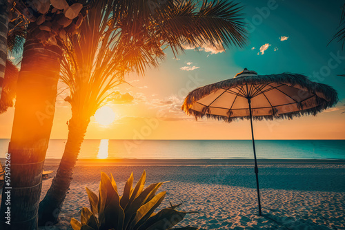 stunning beach sunset with palm trees and a beach umbrella, overlooking crystal-clear waters and sandy shores, generative ai