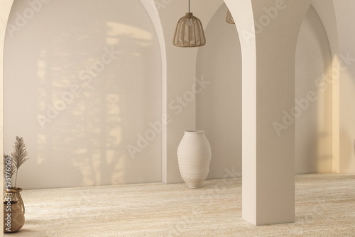 Modern bright minimalist interior blank wall in living room, arches, dry plants in vases. 3d render illustration mock up.