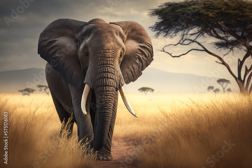 Majestic elephant walking through a savannah with tall grass and trees, generative ai