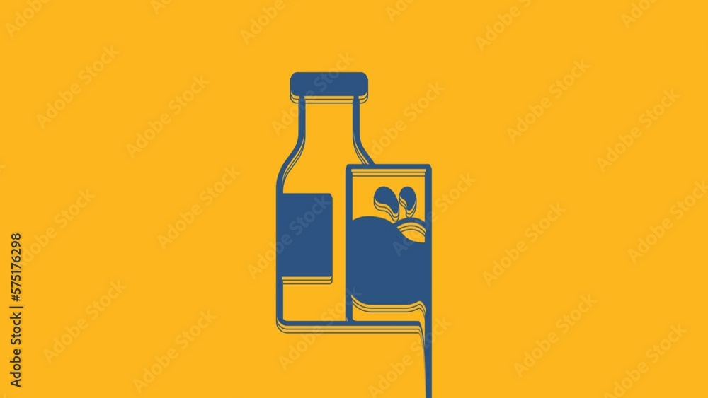 Blue Closed glass bottle with milk and glass icon isolated on orange background. 4K Video motion graphic animation Blue Closed glass bottle with milk and glass icon isolated on orange background. 4K Video motion graphic animation