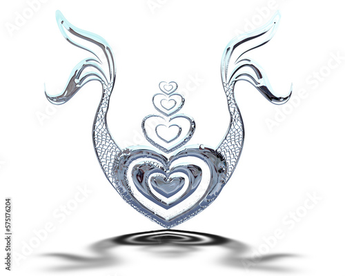 heart illustration with two blueish silver mermaid tails
