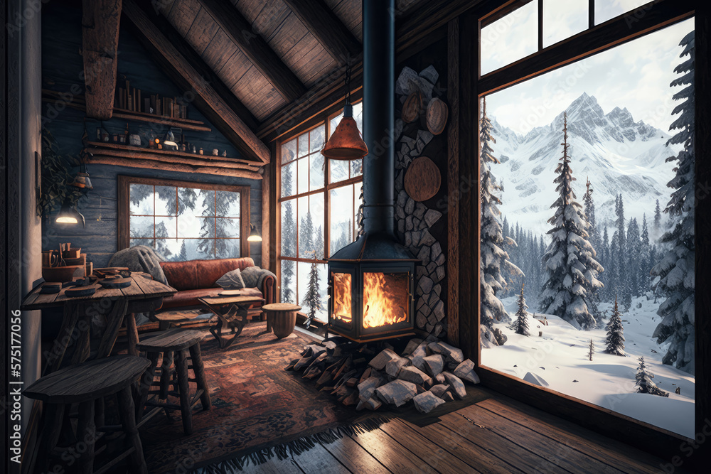 cozy cabin in the mountains surrounded by snow and trees, with a warm