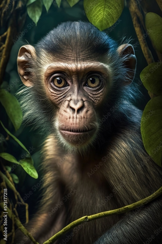 Portrait of a monkey face in a jungle forest illustrated using generative Ai Portrait of a monkey face in a jungle forest illustrated using generative Ai