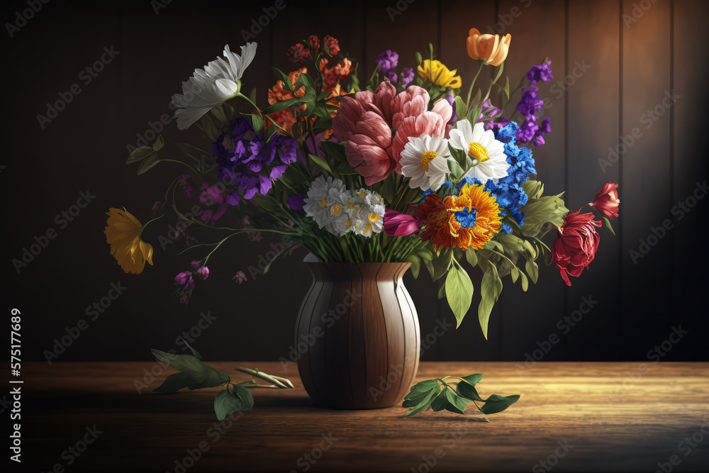 custom made wallpaper toronto digitalcolorful bouquet of flowers arranged in a vase on a wooden table with natural sunlight illuminating the scene, generative ai