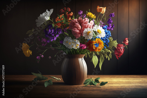 Wallpaper Mural colorful bouquet of flowers arranged in a vase on a wooden table with natural sunlight illuminating the scene, generative ai Torontodigital.ca