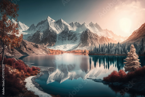 breathtaking view of a snow-capped mountain range in the distance, with a tranquil lake in the foreground and trees lining the shores, generative ai