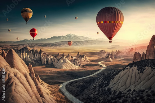 Breathtaking hot air balloons floating over a valley with rolling hills, generative ai