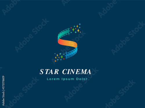 letter S logo design from negative videotape with star trail. usable for film production, cinematography, entertainment