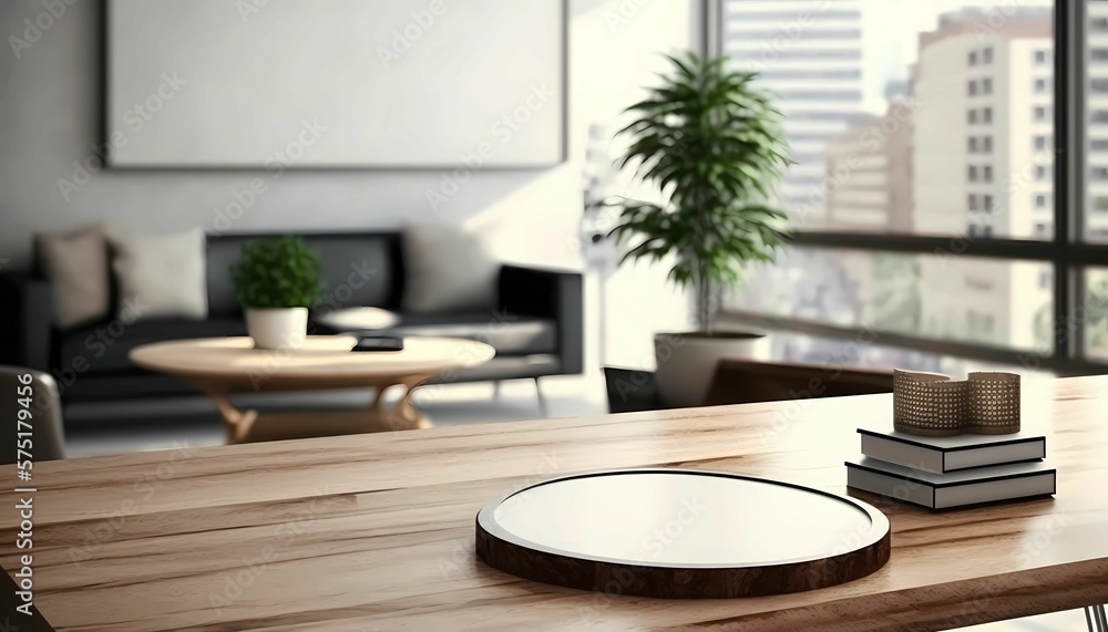 Empty wooden table with abstract living room decor with blurred background. Generative AI. Empty wooden table with abstract living room decor with blurred background. Generative AI.