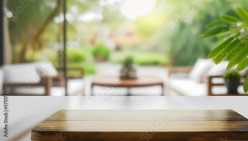 Empty wooden table with blur, abstract decor of swimming pool and green area in blurred background. Generative AI.