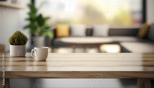 Empty wooden table with abstract living room decor with blurred background. Generative AI.