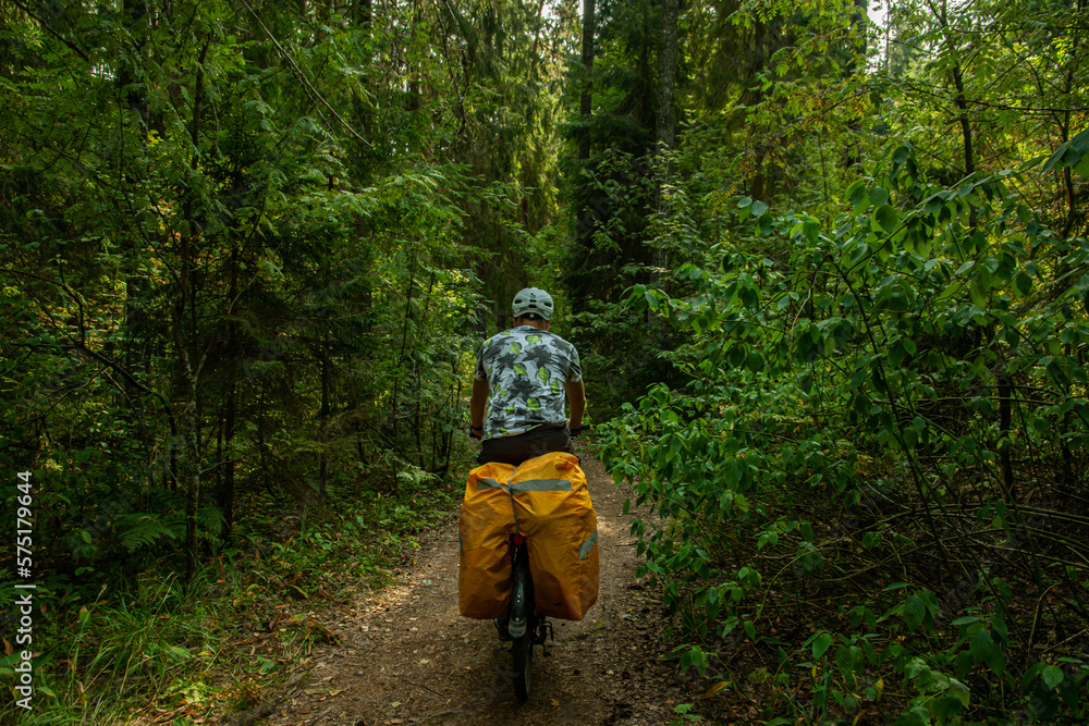 person riding a bike in a forest