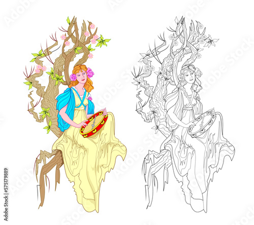 Colorful and black and white page for kids coloring book. Drawing of beautiful fairyland princess playing tambourine. Worksheet for children and adults. Art Nouveau style. Flat vector cartoon image.