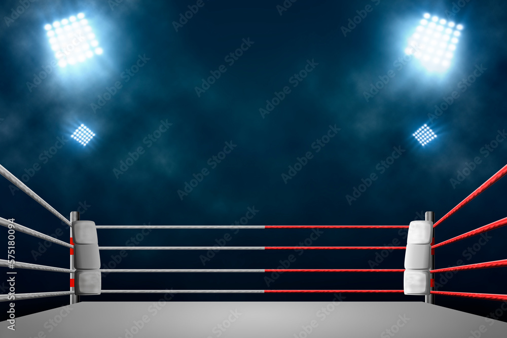 boxing ring with illumination by spotlights. - obrazy, fototapety, plakaty 