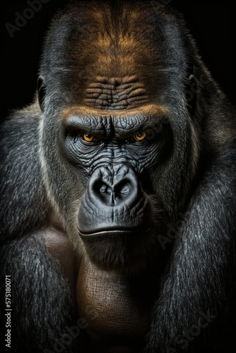 Gorilla portrait closeup isolated on black illustrated using generative Ai