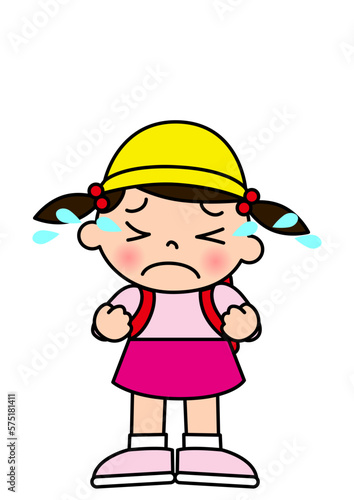 涙を流して泣く小学生の女の子のイラスト 全身正面