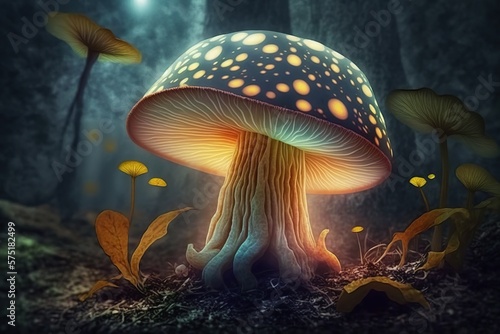 Fantasy mushroom glowing light in fairy forest. Ai. Mushroom wallpaper