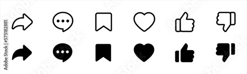 social media interface icon. social networking symbol. social media user interface, like, unlike, comment, share, message, thumb and save sign, vector illustration