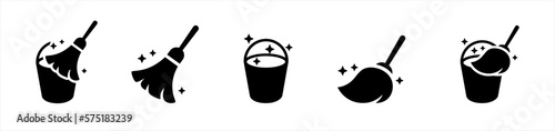 Floor mop icons. Mop And Bucket symbol. Cleaning service signs, vector illustration