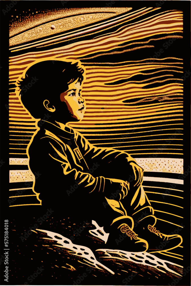 a boy sat dreaming. Art design for print, cover, wallpaper, wall art. Vector illustration.