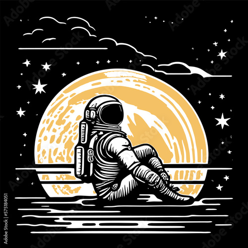 astronaut sitting daydreaming on the background of the mars and space. Vector illustration. Art design for print, cover, wallpaper, wall art. Vector illustration.