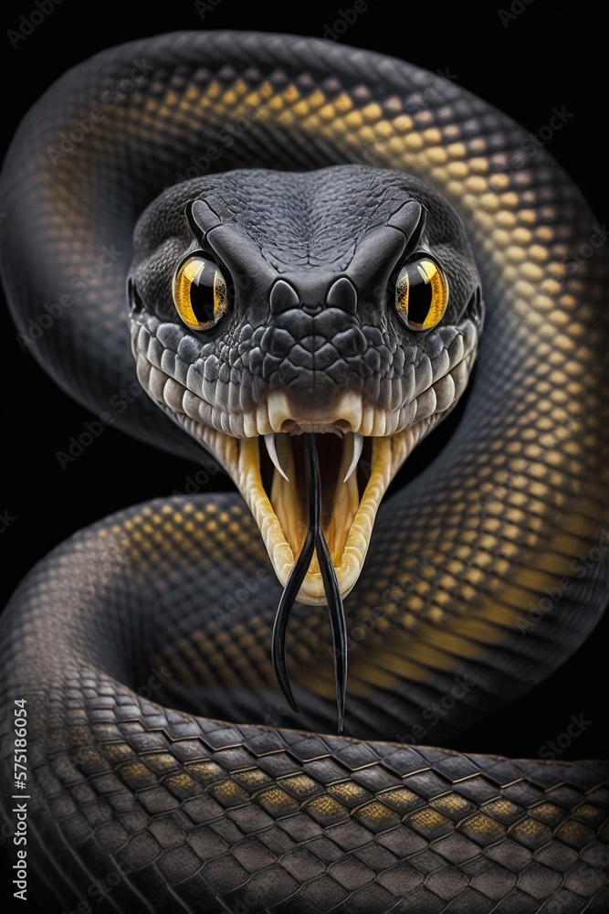 Fototapeta premium Closeup portrait of a black mamba snake isolated on black illustrated using generative Ai