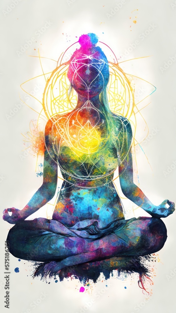 Illustration colorful yoga lotus pose, chakra, mindfulness, balance, relaxation, GENERATIVE AI