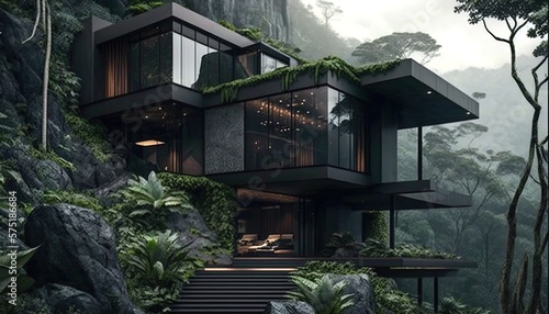 modern house in the jungle beautiful evening lighting, generative AI © Roman King