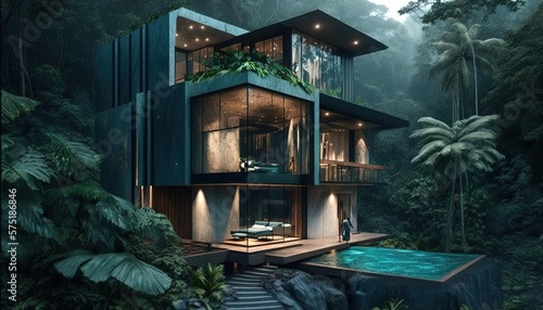 Fototapeta Naklejka Na Ścianę i Meble -  modern house in the jungle beautiful evening lighting, generative AI