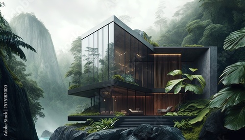 Fototapeta Naklejka Na Ścianę i Meble -  modern house in the jungle beautiful evening lighting, generative AI