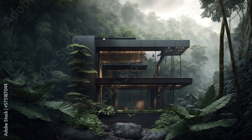 Fototapeta Naklejka Na Ścianę i Meble -  modern house in the jungle beautiful evening lighting, generative AI
