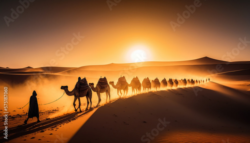 Sahara Desert Dunes and Camel Train at Sunrise Created with Generative AI Technology