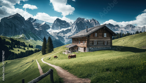 Idyllic Swiss Alps Landscape with Green Pastures Created with Generative AI Technology