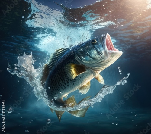 Predatory fish Largemouth bass in habitat under water looking for prey. Sport fishing concept. GENERATIVE AI photo