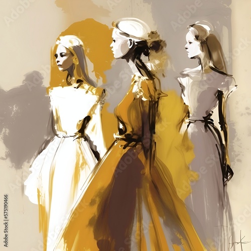 three women's in a dress, expressionism, Christian Lacroix sketch of women wear, modern color palette, patterns, oil on canvas photo