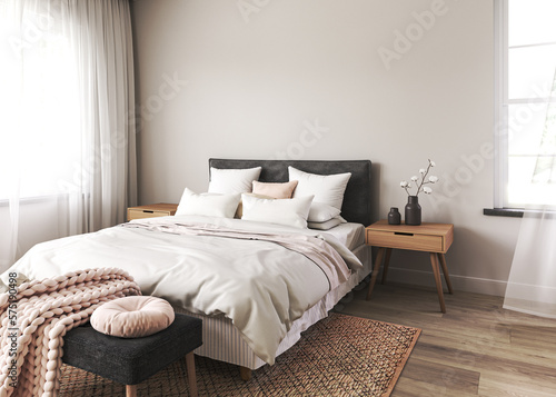 Bedroom interior mockup in boho style with wooden floor and table. Bed with white blanket, pink pillows and cushion on empty wall mock up background. 3d rendering. High quality 3d illustration
