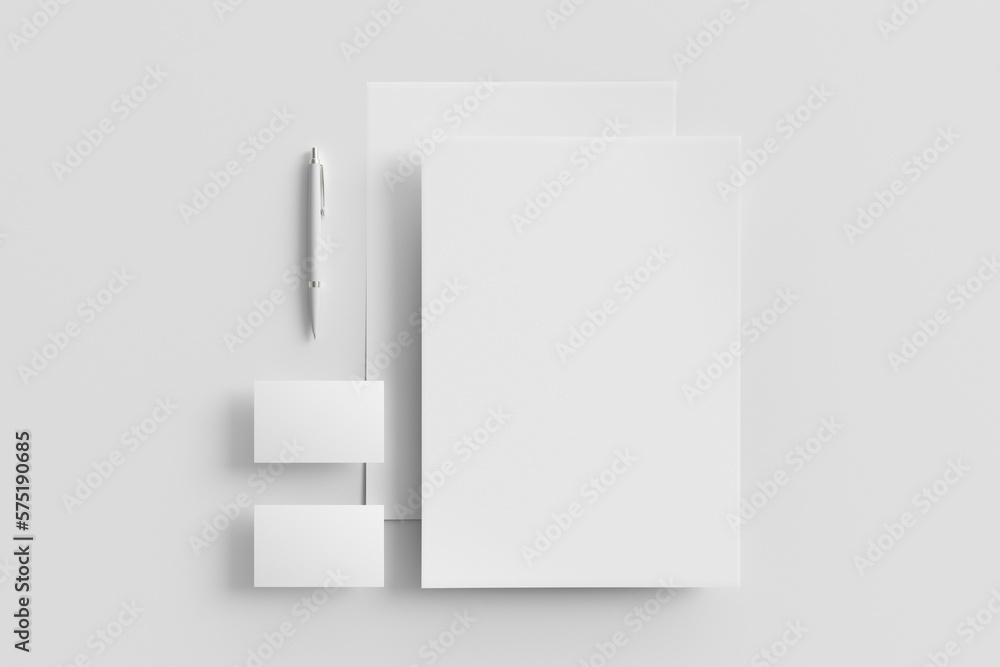 Blank corporate stationery set mockup with sheets of office paper, business cards and pen on white background. View directly above Blank corporate stationery set mockup with sheets of office paper, business cards and pen on white background. View directly above