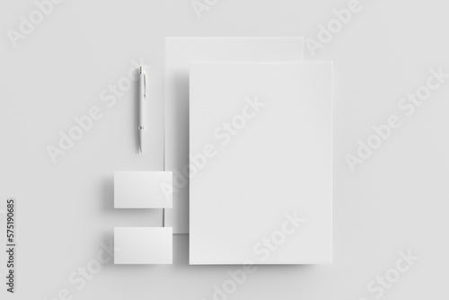 Blank corporate stationery set mockup with sheets of office paper, business cards and pen on white background. View directly above