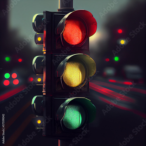 Traffic lights with all three colors on. Photo-realistic, Generative AI illustration