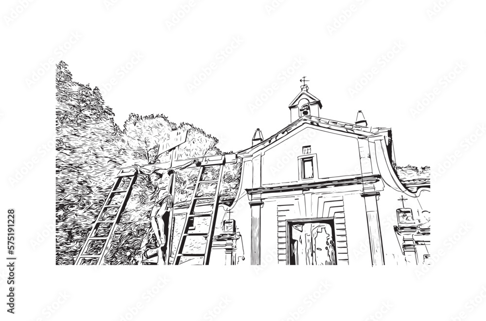 Building view with landmark of Pollenca is the 
town in  Spain. Hand drawn sketch illustration in vector.