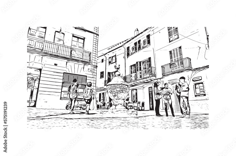 Building view with landmark of Pollenca is the 
town in  Spain. Hand drawn sketch illustration in vector.