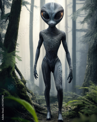 Alien of the grey species right in the middle of the forest.
