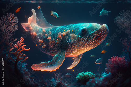 Beautiful bioluminescent whale sea creature underwater seawater world wallpaper background made by generative ai © marialr