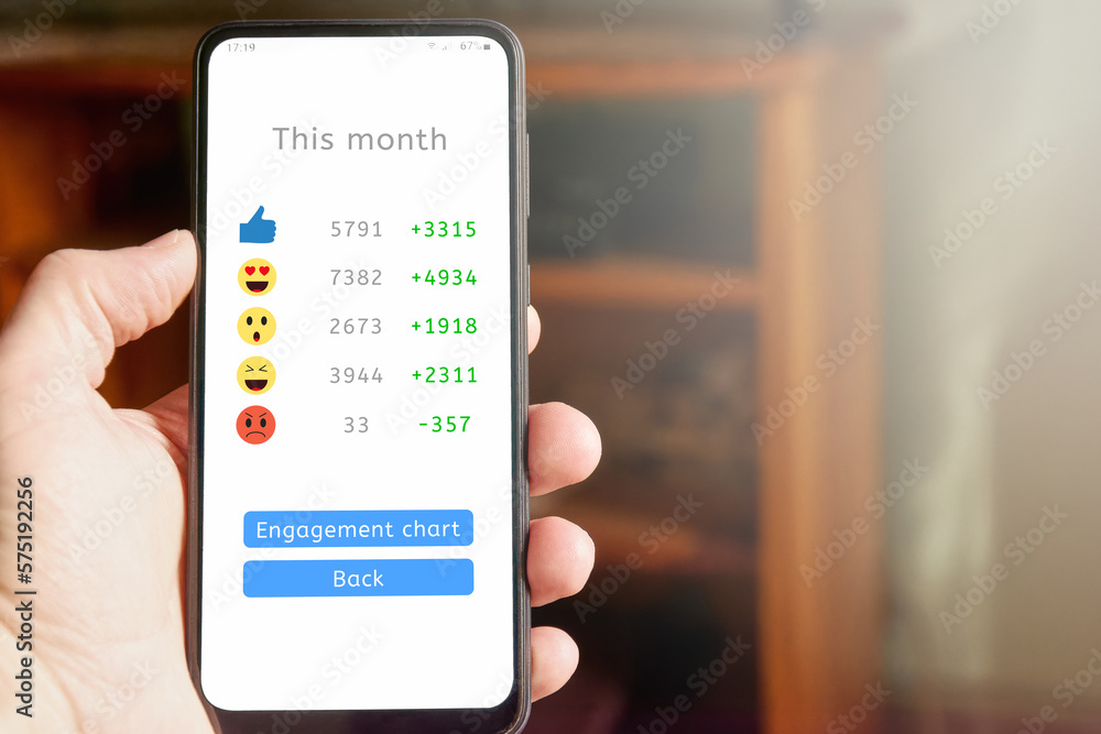 Hand holding smartphone with social media report, analytics chart with icons showing positive green statistics of reach and engagement. Community interaction, results of good marketing campaign