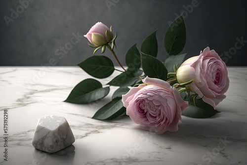 Pink roses in the corner of light marble background