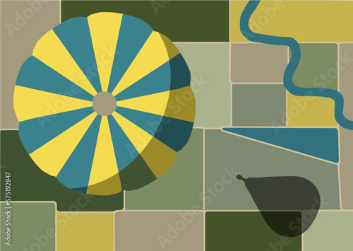 A hot air balloon is seen from overhead looking down as it passes over rural farmland in this interesting pattern and design of shapes. This is a vector image.
